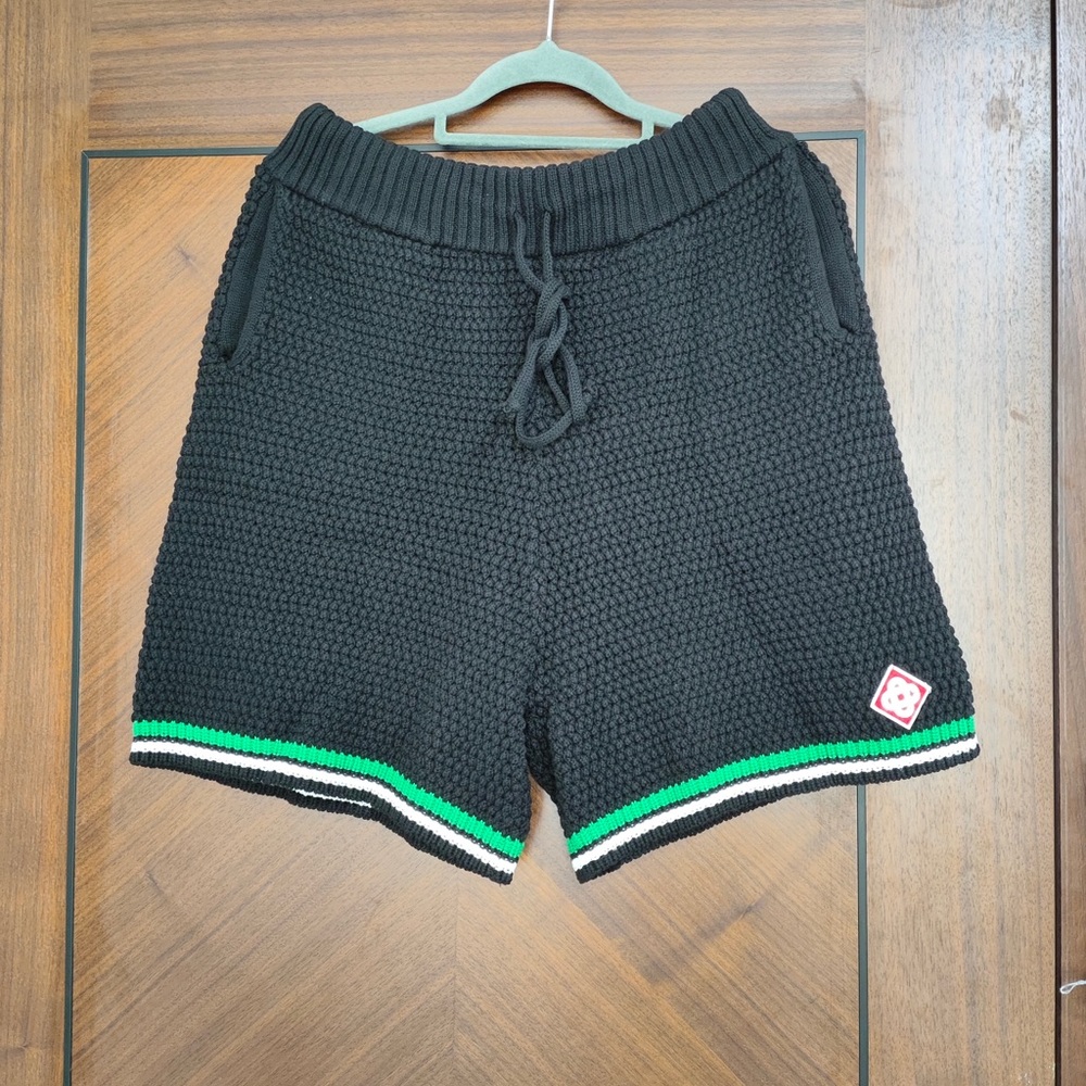 Men's Black Knit Athletic Shorts with Green Trim